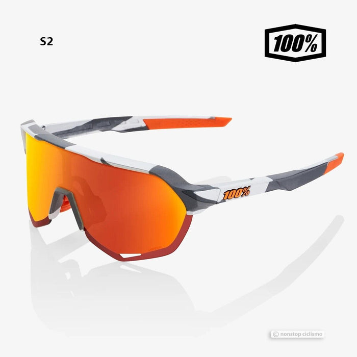 100% S2 Cycling UV Sunglasses : SOFT TACT GREY CAMO/HIPER RED MIRROR LENS