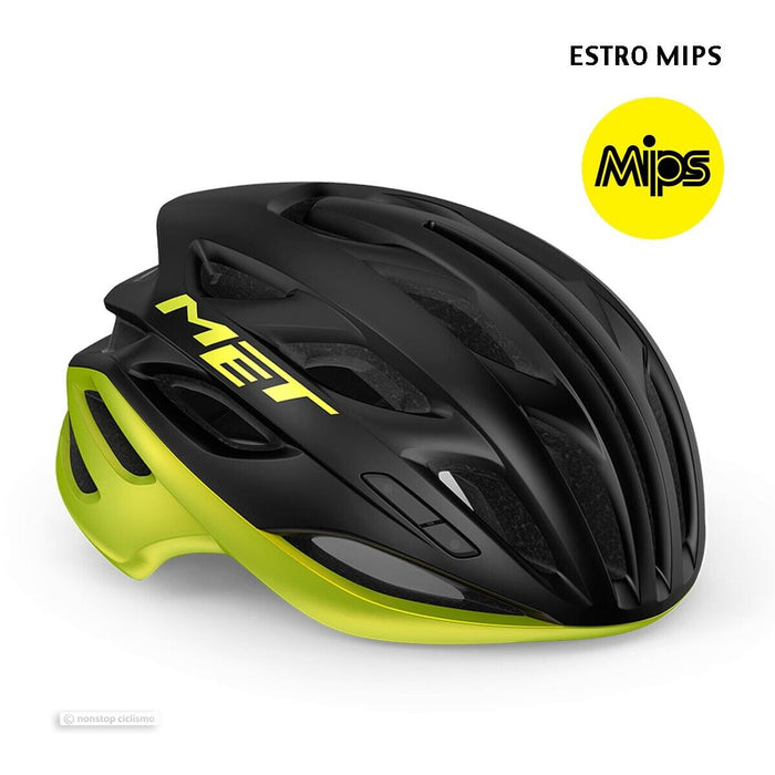 MET ESTRO MIPS Road Helmet : BLACK/LIME YELLOW METALLIC GLOSSY